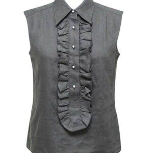 CHANEL GRAY LINEN RUFFLE FRONBT SLEEVELESS TOP BLOUSE SIZE: 44 / L or XL